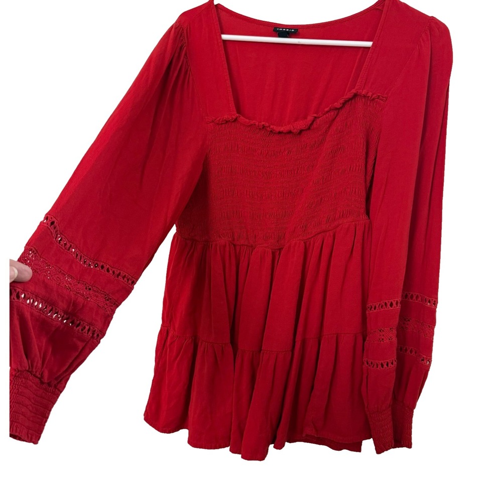 Torrid Red Peasant Top 1X Shirred Square Neck Ruffle Boho Cottagecore Romantic